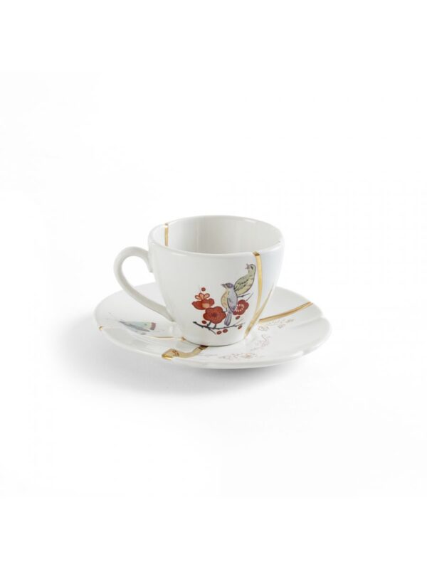 Set Tazzine Da Caffè Kintsugi Uccelli e fiori Bianco|Multicolore|Oro Seletti Marcantonio Raimondi Malerba