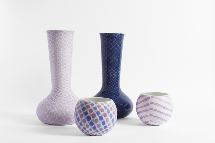 Vases in decorated white ceramic, designed by Studio Nesta & Ludek