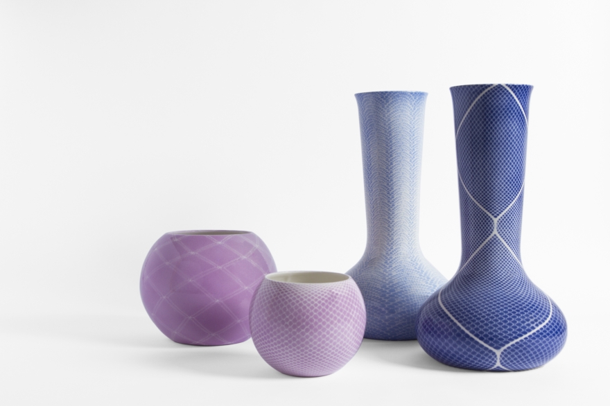 Vases in decorated white ceramic, designed by Studio Nesta & Ludek