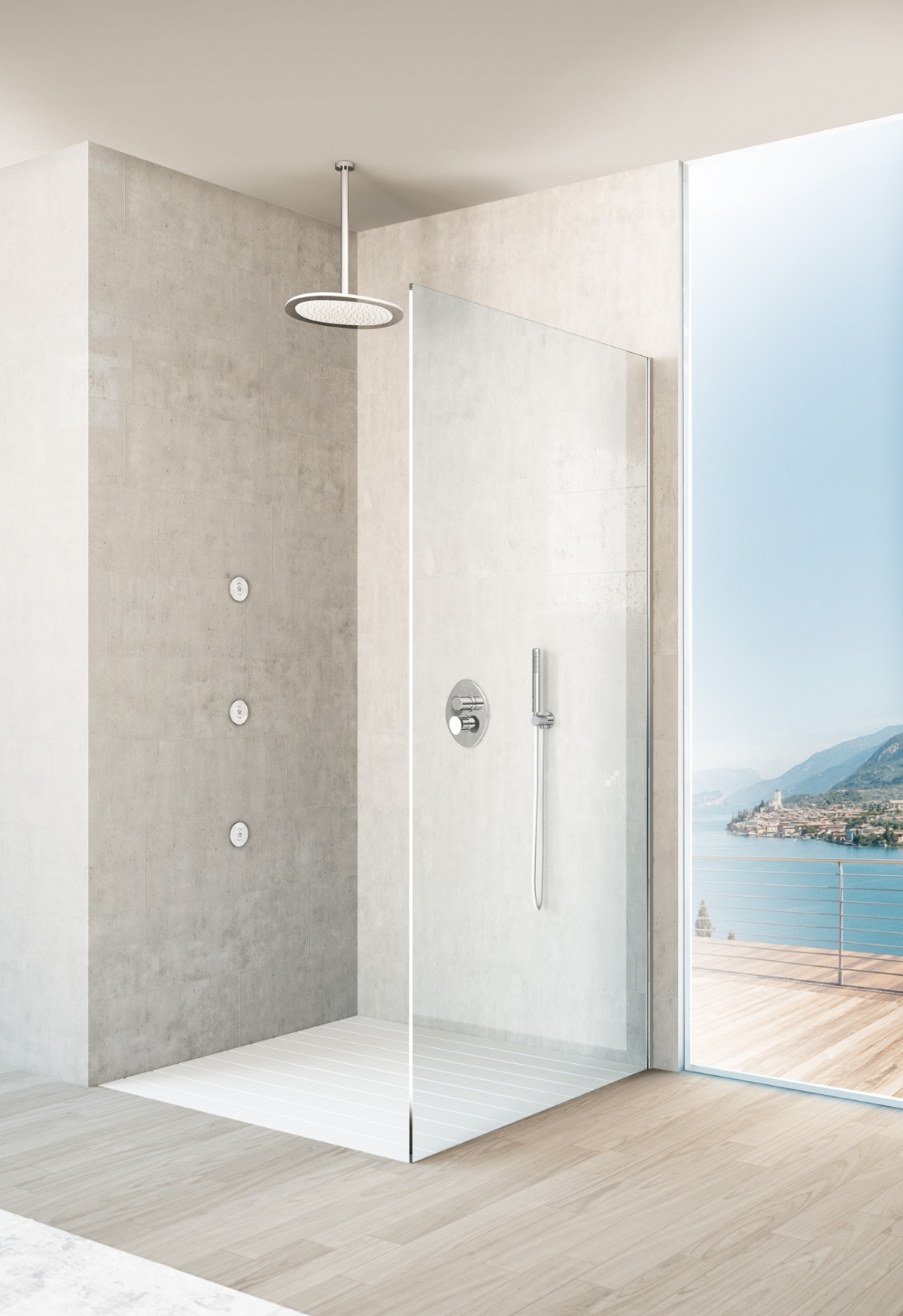 Shower Synergy configuration with ceiling shower with the inside of DuPont ™ Corian®