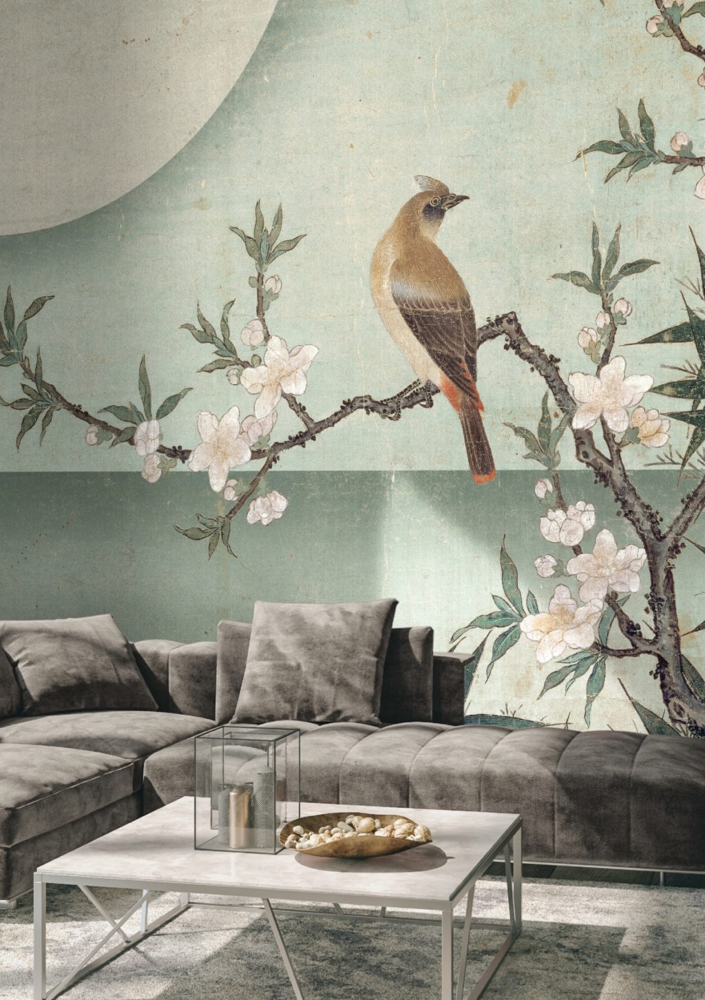 Progettare uno spazio living con la carta da parati Wallpepper Bird on peach blossom AMB