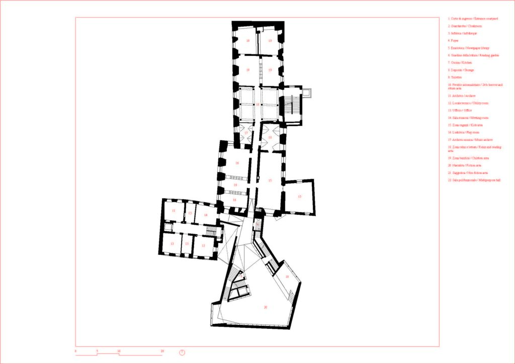 План на прво ниво на Јавната библиотека во Бриксен