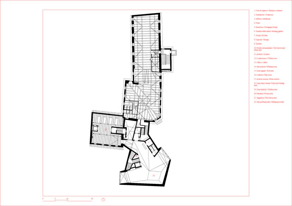 План на трето ниво на јавна библиотека во Бриксен