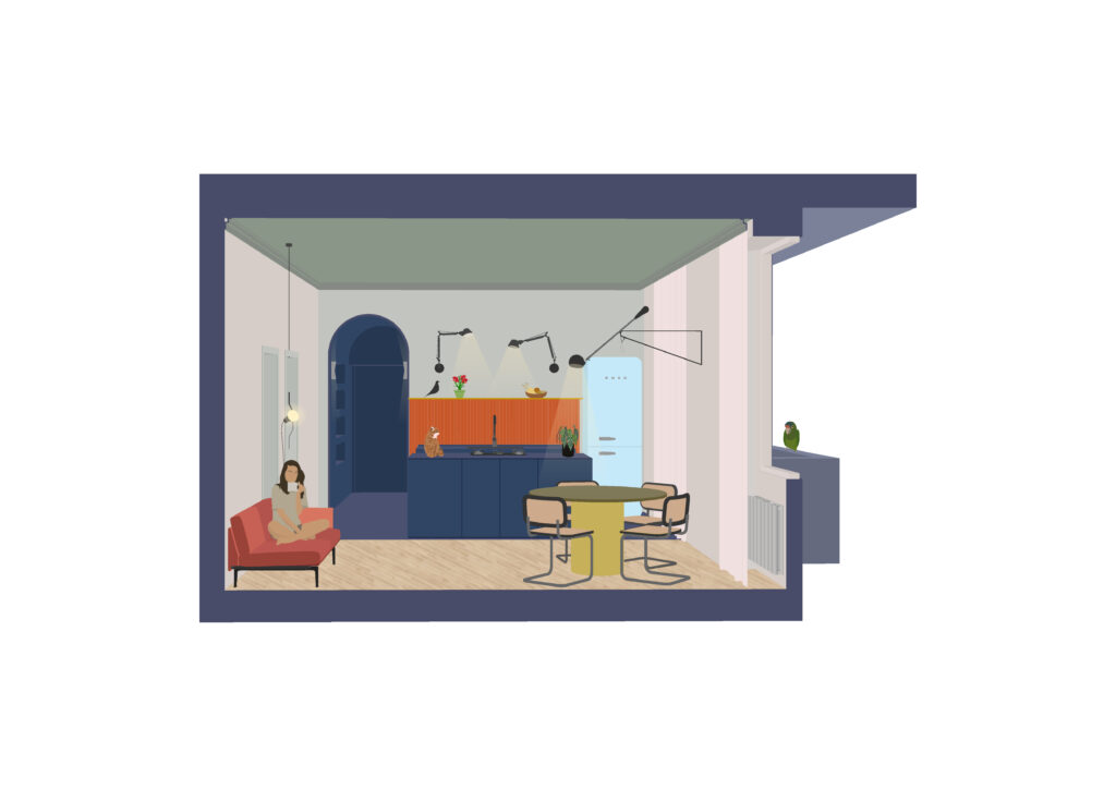 Retro reinterpretation of an apartment. Chromastudio. Illustrations living room