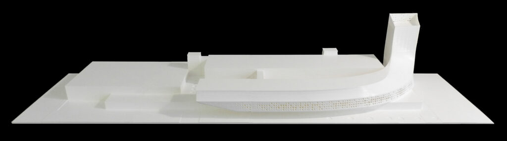 Una ola blanca pixelada en la icónica sede de Durst Group AG. Diseño de monovolúmenes. modelo D