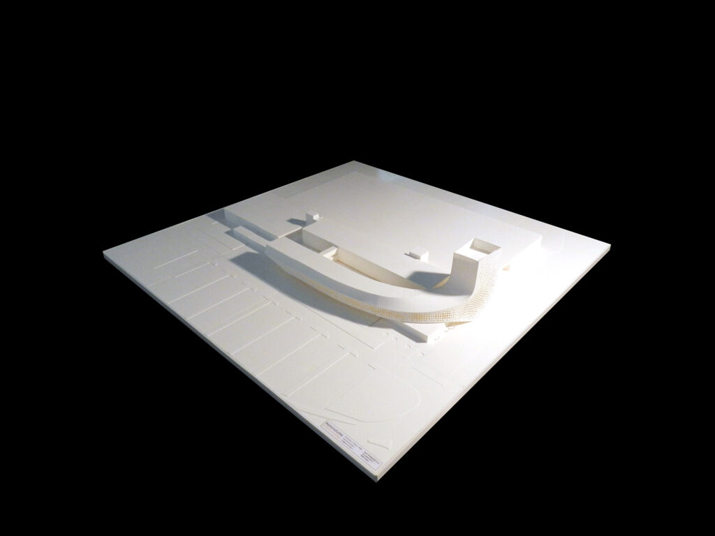Ένα λευκό κύμα με pixel τα εμβληματικά κεντρικά γραφεία της Durst Group AG. Σχεδιασμός MPV. μοντέλο D