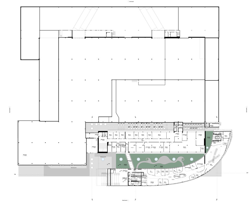 Ένα λευκό κύμα με pixel τα εμβληματικά κεντρικά γραφεία της Durst Group AG. Σχεδιασμός MPV. τεχνικά σχέδια