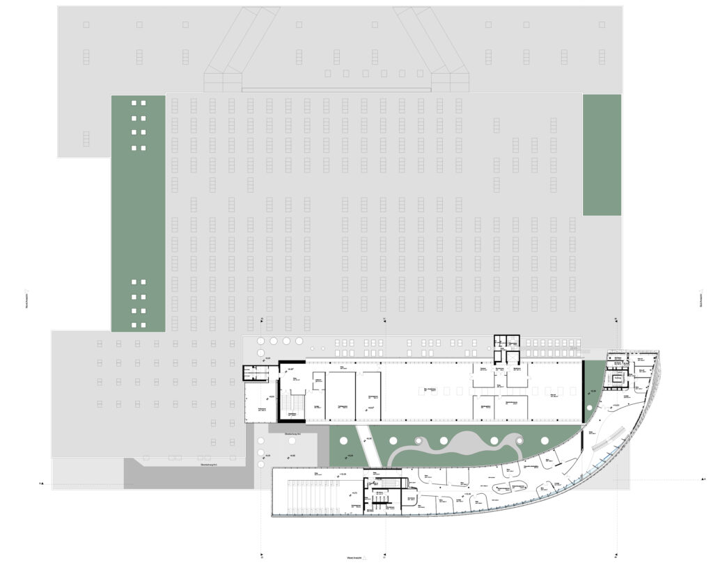 Unonda bianca pixelata la sede iconica della Durst Group AG. Design monovolume. disegni tecnici