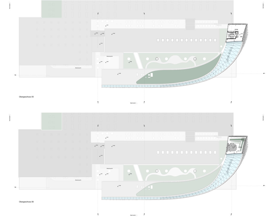 Unonda bianca pixelata la sede iconica della Durst Group AG. Design monovolume. disegni tecnici