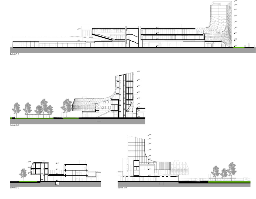 A pixelated white wave the iconic headquarters of Durst Group AG. MPV design. technical drawings
