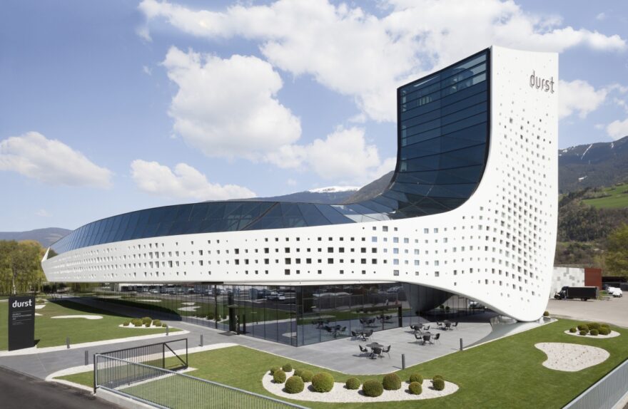 A pixelated white wave the iconic headquarters of Durst Group AG. MPV design. ph Paolo Riolzi