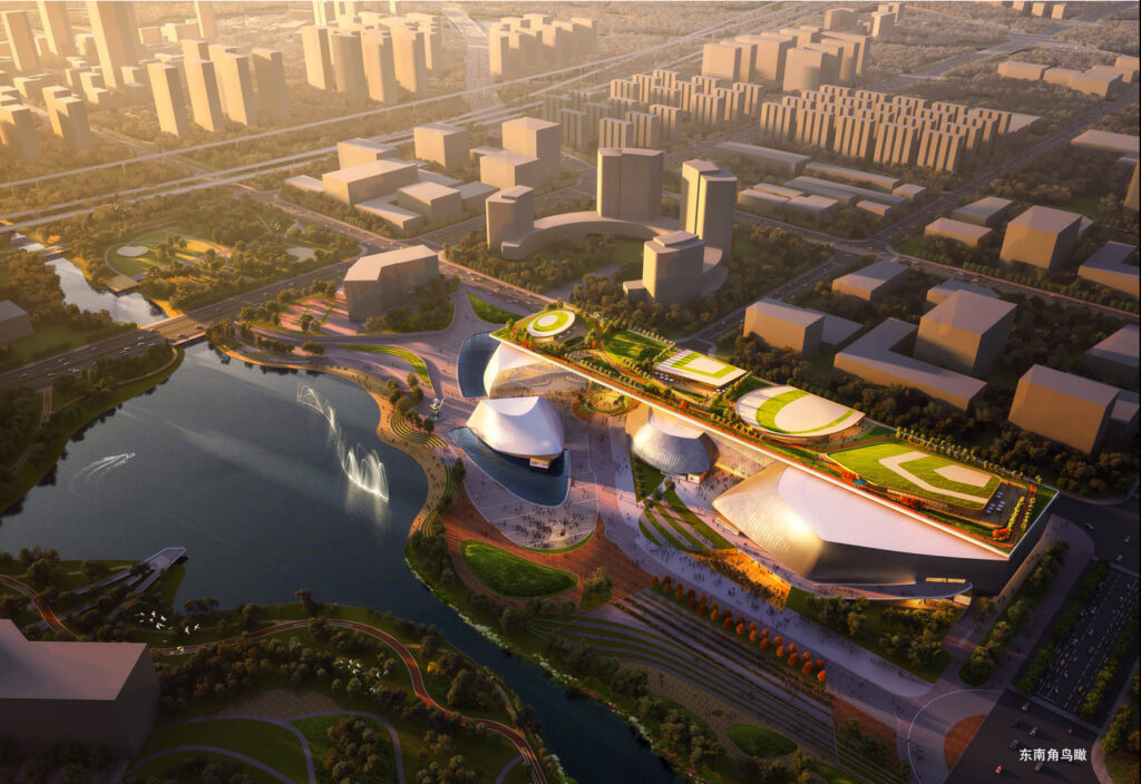 Zhengzhou Riverside Sports and Cultural Centre ένα σύστημα μεμονωμένων κτιρίων που συνδέονται με μια ενιαία οροφή κήπου