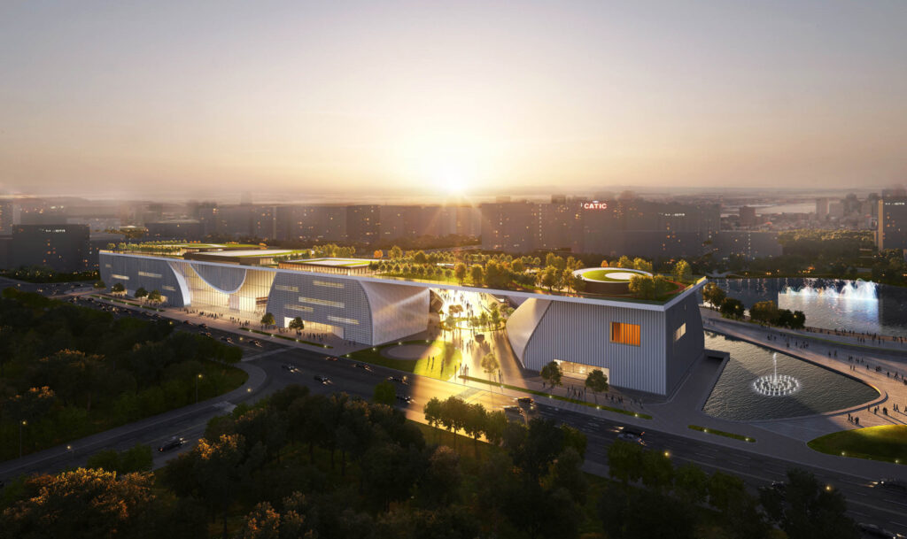 Zhengzhou Riverside Sports and Cultural Centre ένα σύστημα μεμονωμένων κτιρίων που συνδέονται με μια ενιαία οροφή κήπου