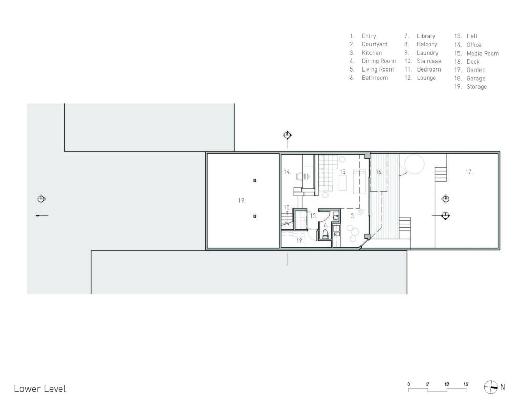 Studijos Terpeluk Redwood House žemesnio lygio planas